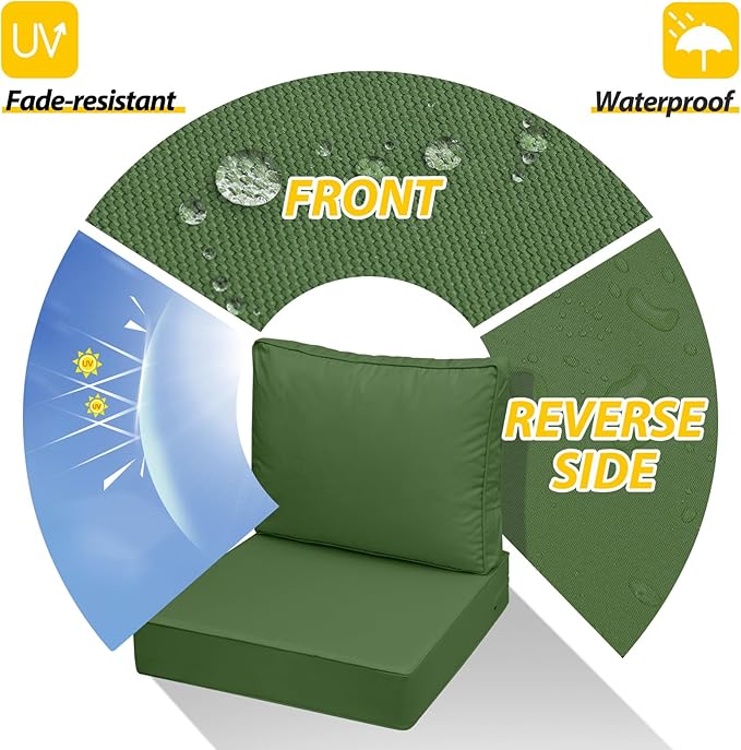 AAAAAcessories Outdoor Deep Seat Cushions with Double Welted Pillow, Waterproof, Fade-Resistant Patio Furniture Replacement Cushions, 24" x 24" x 5" + 24" x 19", Dark Moss Green