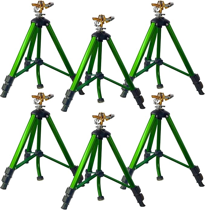 LIULO TOOL Impact Sprinkler on Tripod Base, 6 Pack Tripod Sprinklers with Brass Head, 360 Degree Large Area Irrigation with Extension Legs Flip Locks, Heavy Duty 3/4" Connector for Lawn Yard Garden