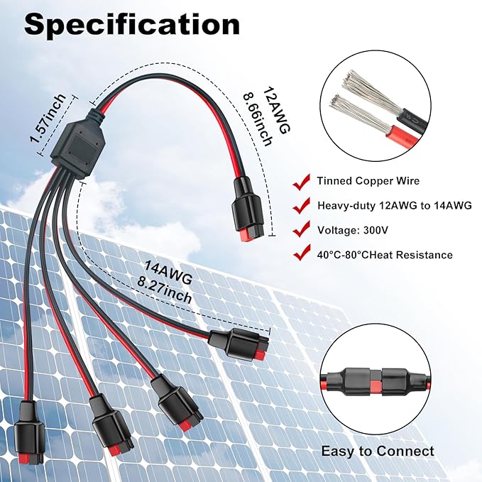 Anderson Y Splitter Cable 1 to 4 Solar Panel Anderson Branch Parallel Adapter Cable for Portable Solar Generator Power Station Compatible with GZ Jackery High Power Pole Port Connector