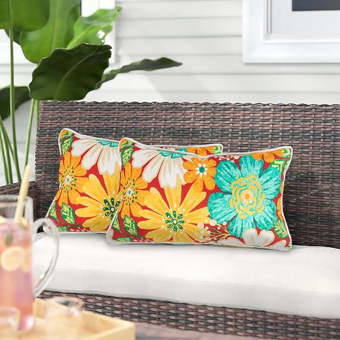 Magpie Fabrics Pack of 2 Outdoor Lumbar Pillow Case Covers 12"x20", Waterproof Rectangular Throw Pillowcase Shell Decorative Sham for Patio Garden Couch - Embry Red Hibiscus