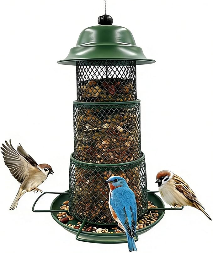 Green Metal Bird Feeder – Squirrel-Resistant Hanging Feeder with 4 Perches | Large Seed Capacity, 360° Mesh for Backyard & Garden, Round