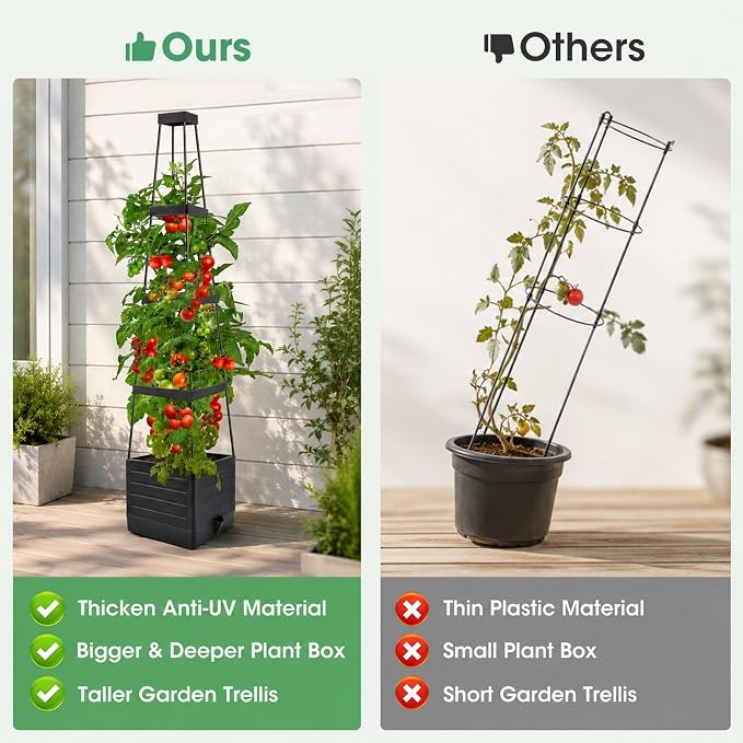 MQUPIN Tomato Planter Box with Trellis for Garden, 57 Inch Self-Watering Raised Garden Bed, Patio Tomato Cage for Climbing Vegetables & Flowers, Upgraded Tomato Pot for Indoor Outdoor Use (4 Pack)