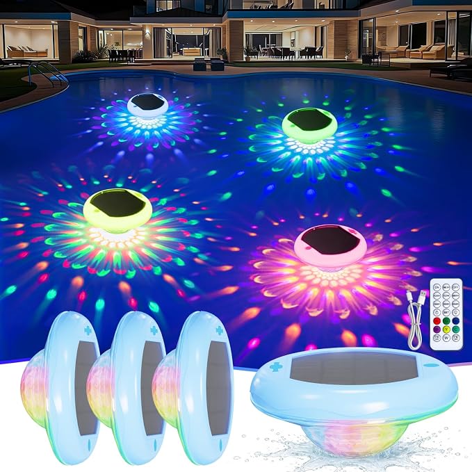 Floating Pool Lights Solar Powered, 6.7 Inch 13 RGB Upper & Lower Color Changing Solar Pool Lights that Float, 2600mAh Rechargeable IP68 Waterproof Pool Lights with Remote for Hot Tub Party 4 Pack