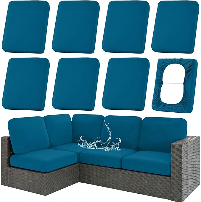 hyha Waterproof Outdoor Cushion Covers for Patio Furniture, Stretch Patio Chair Cushion Slipcovers, Coated UV Resistant Replacement Seat Covers, Solid Color (Peacock Blue, 8PC)