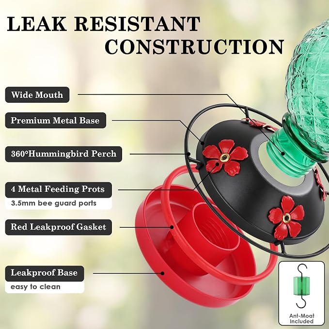 25 OZ Glass Hummingbird Feeder for Outdoors, Leak Proof Hummingbird Feeder with Ant Moat, 4 Bee Resistant Feeding Ports, Easy Clean Wide Mouth Design, 360° Perch, Green
