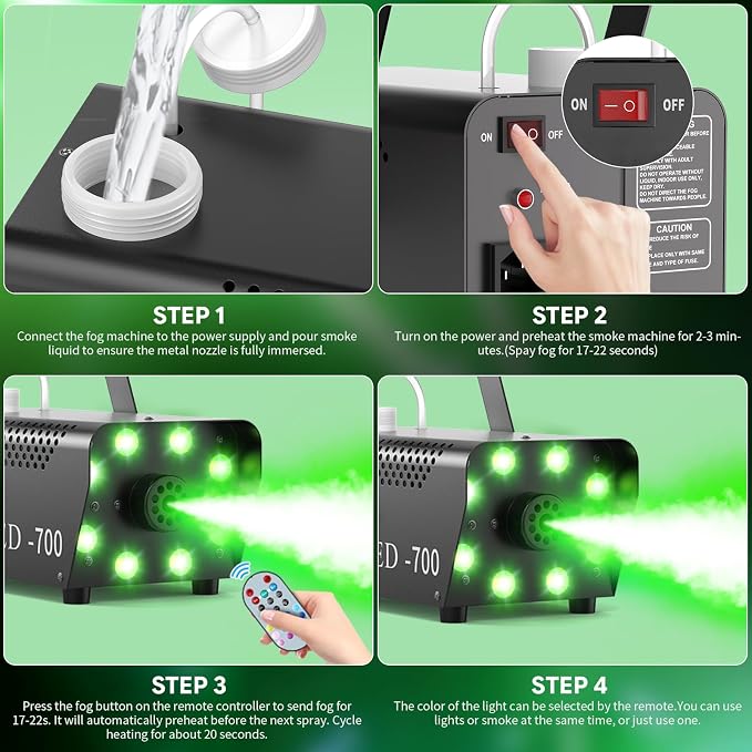 700W Professional Smoke & Fog Machine with 14 Color LED Lights – Wireless Remote Control, Continuous Spray, Durable Design – Perfect for Halloween Weddings Party Event, 4 Pack