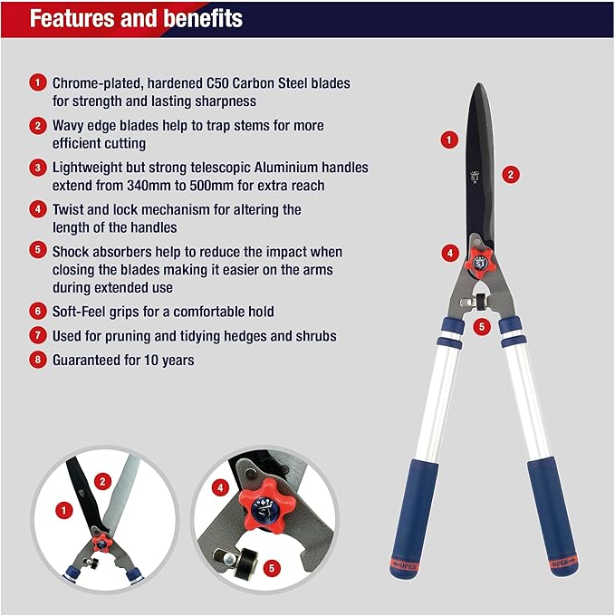 Spear & Jackson Razorsharp Telescopic Hedge Shears, Adjustable Length, Carbon Steel Blades, Ergonomic Handles for Comfortable Pruning