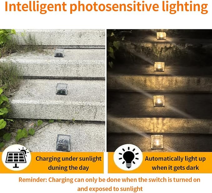 4 Packs of LED Solar Powered Small ice Bricks Lights, Warm Light Outdoor Courtyard Decorative Tile Stone Lights Wireless Twilight to Dawn Waterproof Garden Road Landscape Lamp.