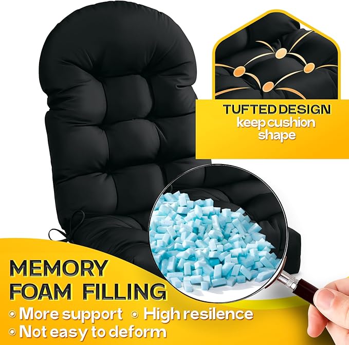 MAGIC ELEPHANT Adirondack Chair Cushion, Memory Foam Outdoor Chair Cushion, Water-Repellent Thick High Back Patio Rocking Chair Pad Seat Cushion Replacement (Black)