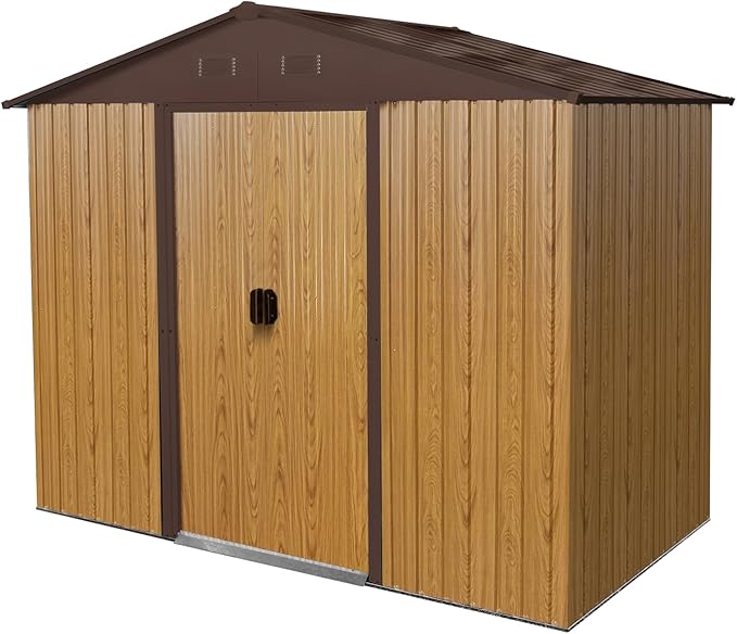 8x4 FT Outdoor Metal Storage Shed, Galvanized Steel Garden Shed with Window, Lockable Sliding Door, Sloped Roof, Ventilated Tool Storage House with Foundation Kit for Backyard Lawn Equipment, Coffee