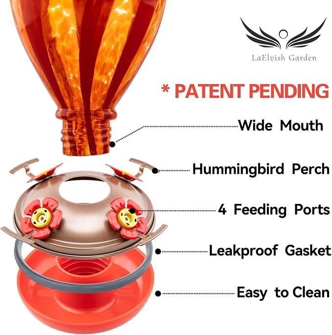 Hummingbird Feeder, 34OZ Hand Blown Glass Hummingbird Feeders for Outdoors Hanging, 4 Feeding Perch with Ant Moat Hook, Garden Yard Decor Gifts for Women Mom (Hot Air Balloon) | LaElvish Garden Hummingbird Feeder, 34OZ Hand Blown Glass Hummingbird Feed...