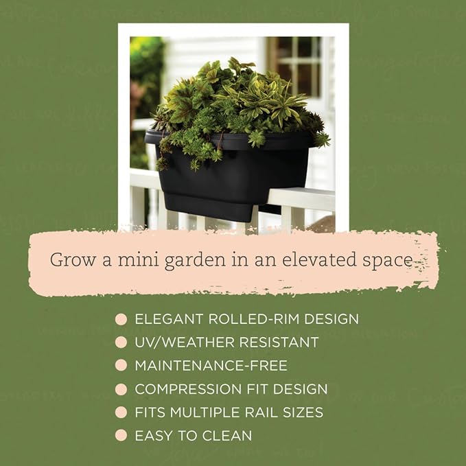 Bloem 24" Plastic Deck Rail Planter, 9" H x 24" L x 12" W, Fits Rail Sizes Between 4.75 to 5.75" Wide, Black, 2-Pack