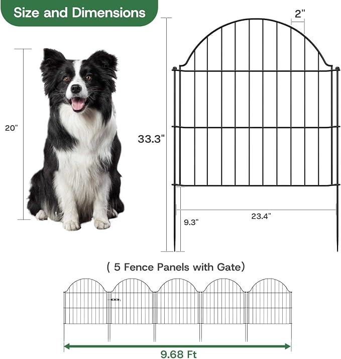 Garden Fence Panels, 24in H x 9.68ft L, 5 Panels with Gate Rust-Resistant Decorative Garden Fence, No Dig Small Garden Fence, Animal Barrier Fence for Garden Yard Flower Bed Patio Outdoor