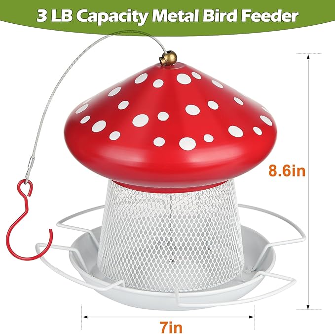 Bird Feeder, Heavy Duty Metal Bird Feeders for Outdoor Hanging, Cute Mushroom Shape Wild Birdfeeder for Outside Garden Yard (Red)