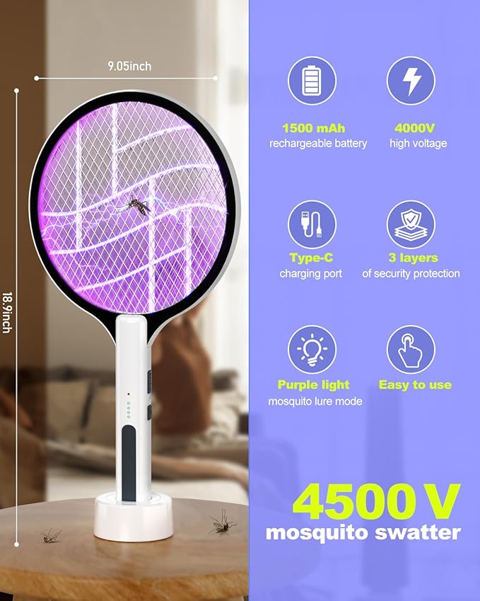 Electric Fly Swatter 4500V Bug Zapper Racket, 2 in 1 Handheld Fly Zapper & Purple Mosquito Killer Rechargeable and 3-Layer Safety for Indoor Home Office Backyard Patio Camping