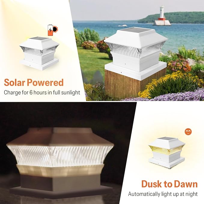 8 Pack Solar Post Cap Lights - Classic #2: Fits 4x4 Vinyl, 4x4 & 6x6 Wood Posts, 25 Lumen 3000K Warm White, Outdoor Deck Fence Light, Waterproof, Elegant White