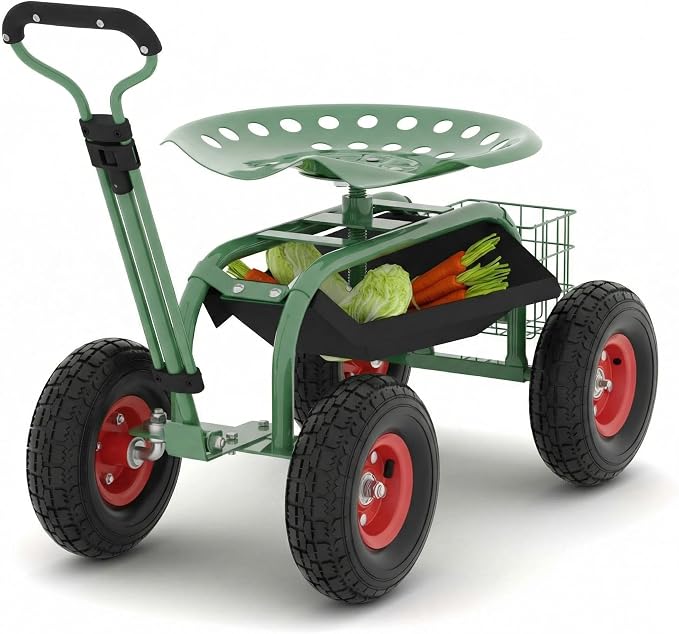Garden Scooter Rolling Work Seat, 360° Swivel Heavy Duty Garden Cart with 10-Inch All-Terrain Inflatable Tires, Extendable Steering Handle & Metal Tool Tray for Planting, Weeding, Yard Work