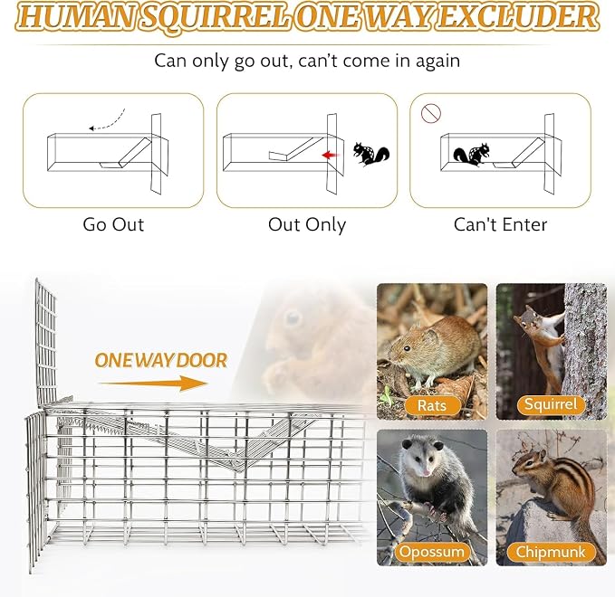 3Sets One Way Squirrel Door Excluders, 3 × 3 × 9inch Animal Excluder Cage, Humane Squirrels, Chipmunks Contactless Excluder, for Outdoor Spaces Like Attics, Chimneys - Includes Full Installation Kit