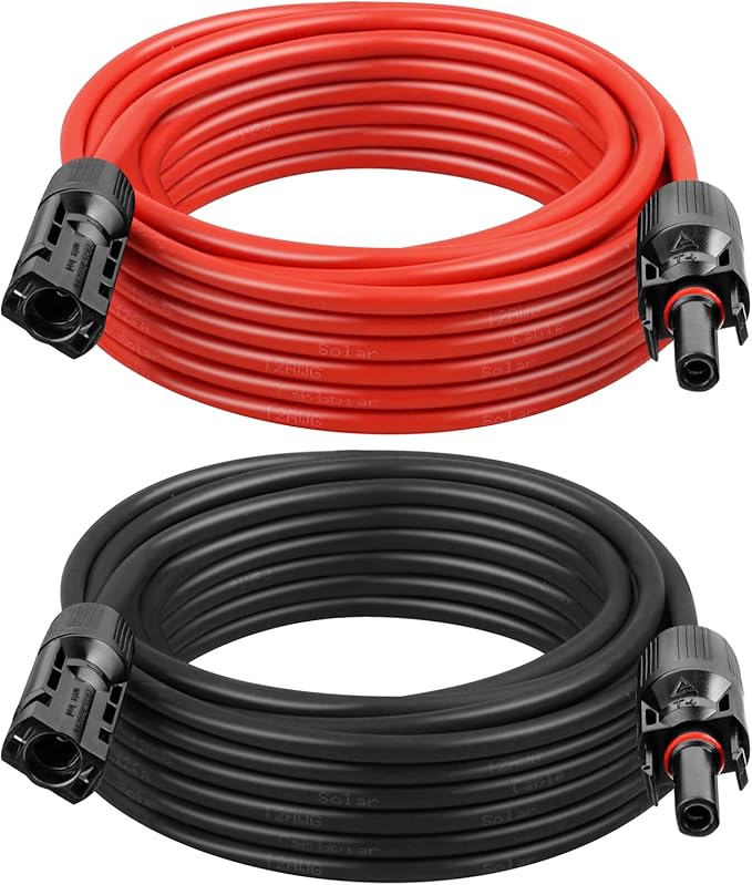 Solar Panel Extension Cable - 12AWG 20FT Solar Wire with Female & Male Waterproof Connector PV Wire for RV, Photovoltaic Systems, Home, Boat, Solar Panels, Car(20ft Red + 20ft Black)