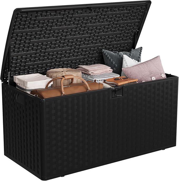 99 Gallon Outdoor Deck Box, Lockable Waterproof Outdoor Resin Box with Lid, Patio Storage Bin for Patio Furniture, Garden Tools, Pool Accessories - Brown