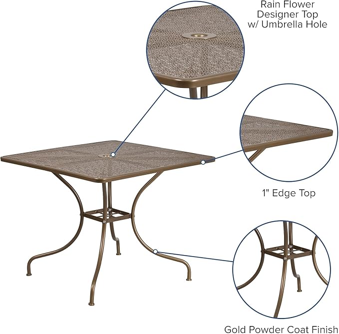 Flash Furniture Oia Commercial Grade 35.5" Square Gold Indoor-Outdoor Steel Patio Table with Umbrella Hole