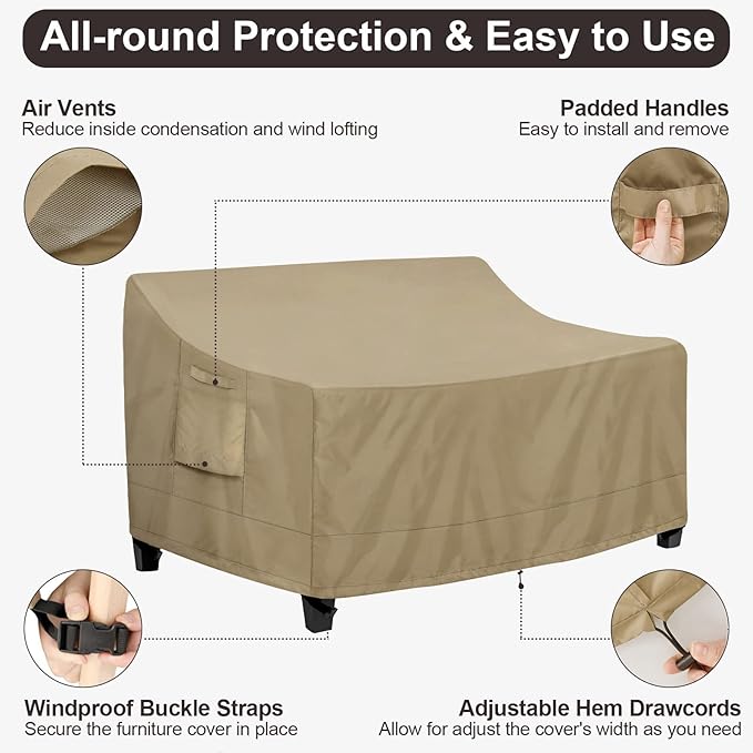 PureFit Outdoor Couch Cover Waterproof Patio Sofa Furniture Covers, 2-Seater Outdoor Loveseat Cover with Air Vent and Handles, 60W x 35D x 35H Inches, Camel
