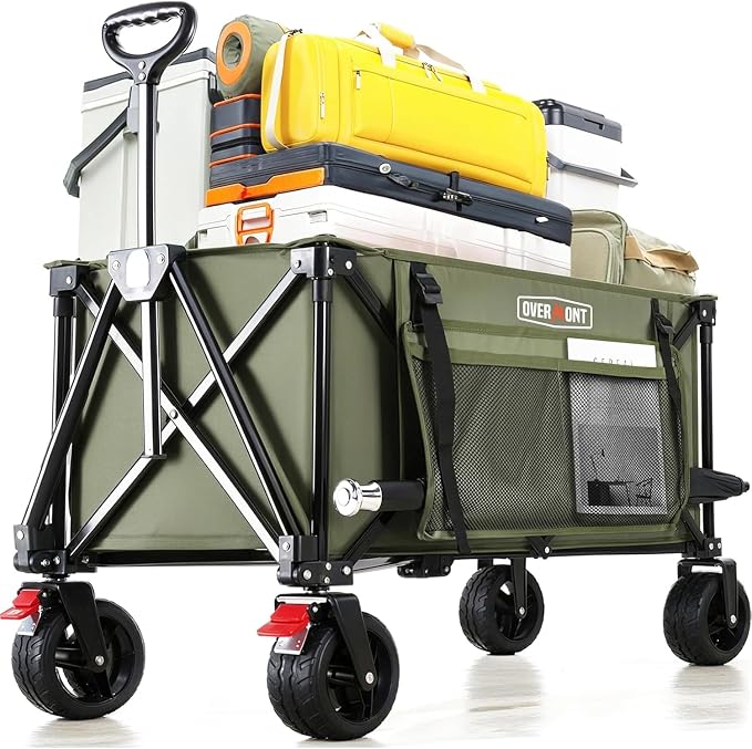 Overmont Collapsible Wagon Cart with Wheels - 180L Foldable Heavy Duty Wagon with Big All-Terrain Wheels - 360Lbs Weight Capacity with Side Pockets for Camping Sports Garden Grocery Shopping Green