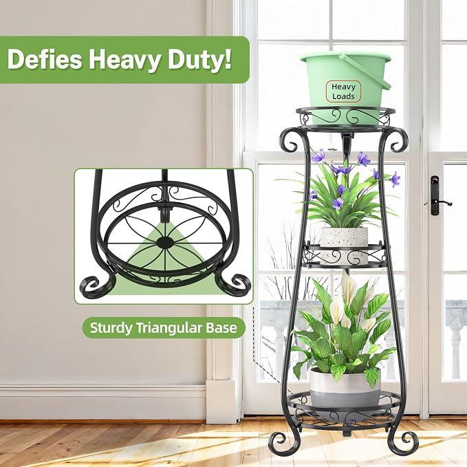 iDavosic.ly Metal Plant Stand Indoor Outdoor Set of 2, 3 Tiered Corner Flower Holder Shelf and 2 Layer Tall Vertical Heavy Duty Display Rack for Patio Porch Living Room, Modern White & Rustic Brown