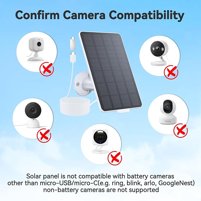 3W Solar Panel for Battery-Powered Security Cameras,USB-C & Micro USB Solar Charger for Wireless Outdoor Cameras,IP65 Waterproof, 9.8ft Cable, 360° Adjustable Mount (White, 1 Pack)