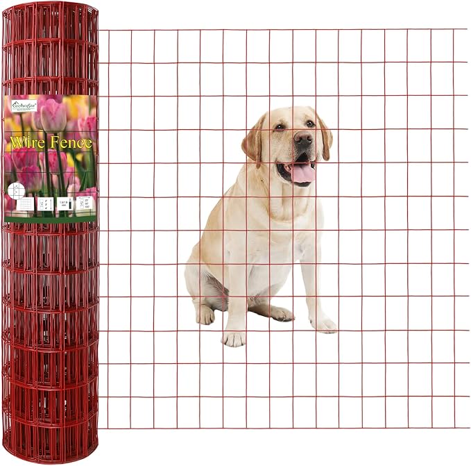 Red PVC Coated Welded Wire Fence 36 Inch x 50 Foot, 2 Inch x 3 Inch 16GA, Garden Border Fencing Roll Vinyl Coating Metal Wire Mesh for Yard Vegetable Plant Protection Poultry Netting