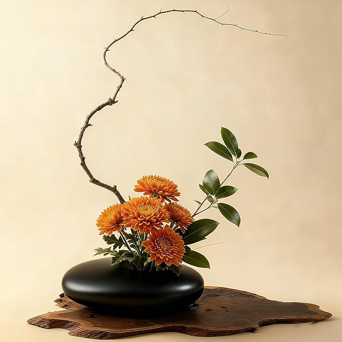 Japanese Inspired Ceramic Vase Ikebana kit, Pebble Shaped Flower Arrangement Bowl with 2inch Flower Frog Pin Frog Flower Stems Holder (Black)