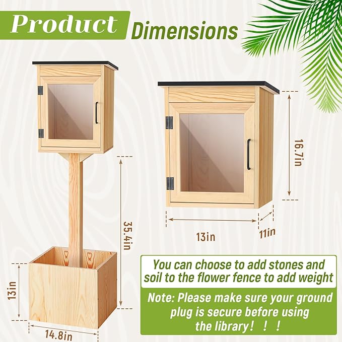 Wonderjune Outdoor Little Library Kit Free Library, Weatherproof Solid Wood Book Exchange Box with Floor Plugs and Small Flower Fence for Neighborhoods Community, Literature, School(Natural Wood)
