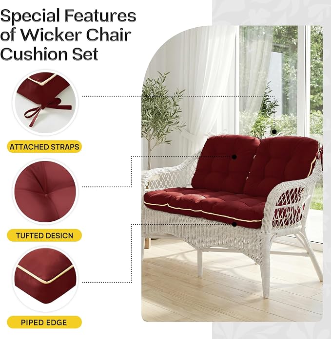 1 MIDDLE ONE Wicker Chair Cushions 3 Pieces Set for Outdoor Furniture, Replacement Patio Wicker Furniture Cushions, 1Pc Loveseat Cushion & 2Pcs Chair Cushions (Burgundy)
