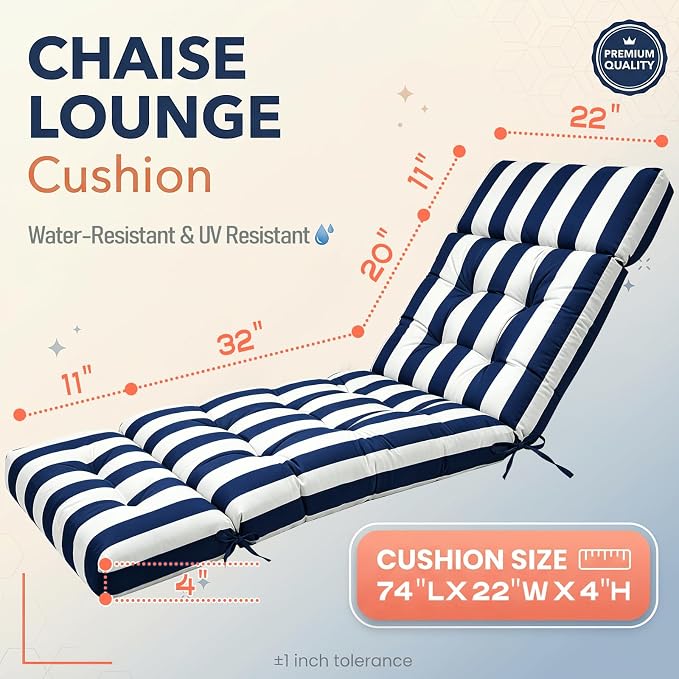 MAGIC ELEPHANT Chaise Lounge Cushion Outdoor, Memory Foam Patio Lounge Chair Cushion with Ties for Outdoor Furniture, 74 x 22 x 4 Inch (Navy Stripe)
