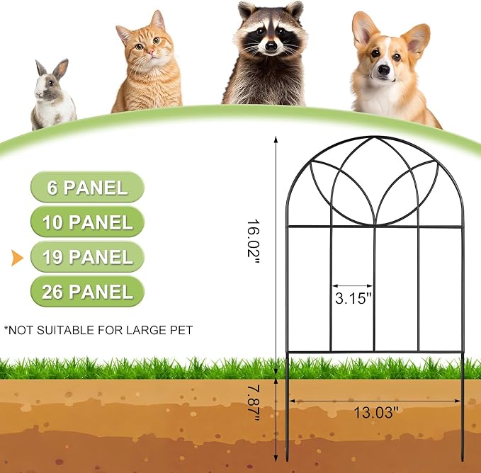 Small Garden Fence Animal Barrier, Decorative Garden Fence 24in(H) x 20ft(L), 19 PCS Rustproof Metal Fences Panel, Arch Black No Dig Fences, Rabbit and Dog Border Fencing for Flower Bed, Patio