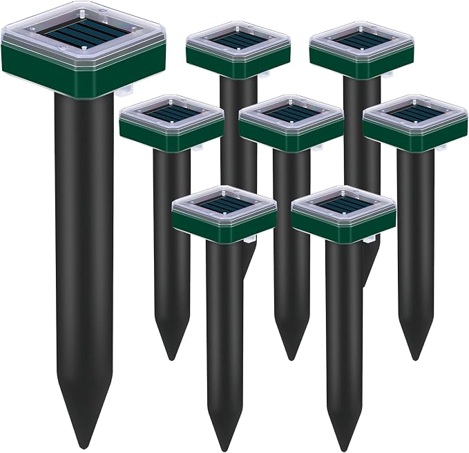 8 Pack Mole Repellent Solar Powered for Lawns Snake Repellent for Yard Rodent Repellent Gopher Groundhog Vole Ultrasonic Spike Outdoor Waterproof Sonic Burrowing Animals Deterrent Stakes
