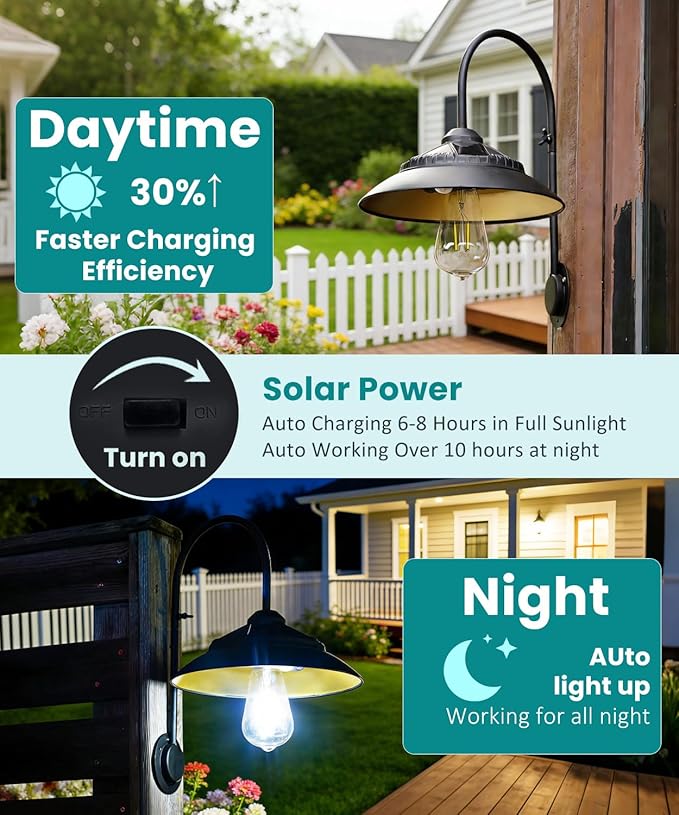 Goodeco Solar Barn Lights for Outside - 2 Pack Outdoor Lights with Motion Sensor, 4 High Efficiency Solar Panels, Warm White Edison LED Bulb for Chicken Coop, Porch, Barn, Shed, Garden (Black)