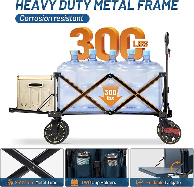 Timber Ridge 49" Extra Long Collapsible Folding Wagon with Tailgate and Brakes, 300lbs Heavy Duty Foldable Wagon with Adjustable Handle, 250L Capacity Portable Cart for Outdoor Camping Sports, Blue