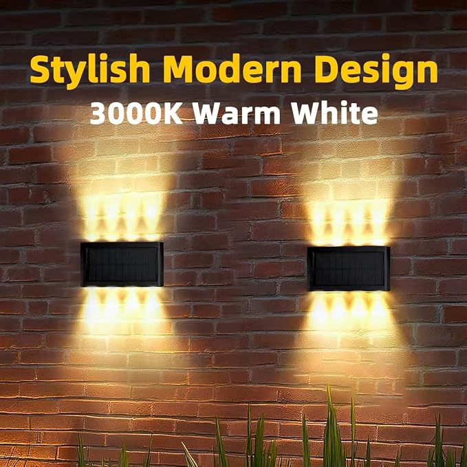 Solar Wall Lights Outdoor, 3000K Warm White, Waterproof, Stylish Mordern Lights, Bright Solar Up and Down Wall Sconce Lighting with 8 LED for Exterior, Porch, Patio, Fence, Garage (4PK)