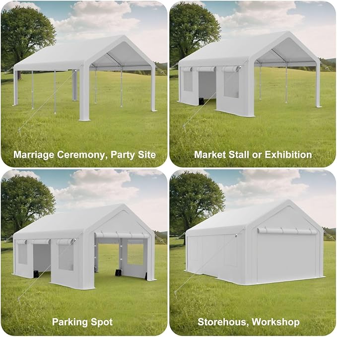 12x20FT Portable Garage, 12'x20' Carport Heavy Duty, Galvanized Frame & 180 g PE Waterproof Canopy, with 4 Doors (Included 2 Side Doors), and 4 Windows, for Pickup Truck, and Boat