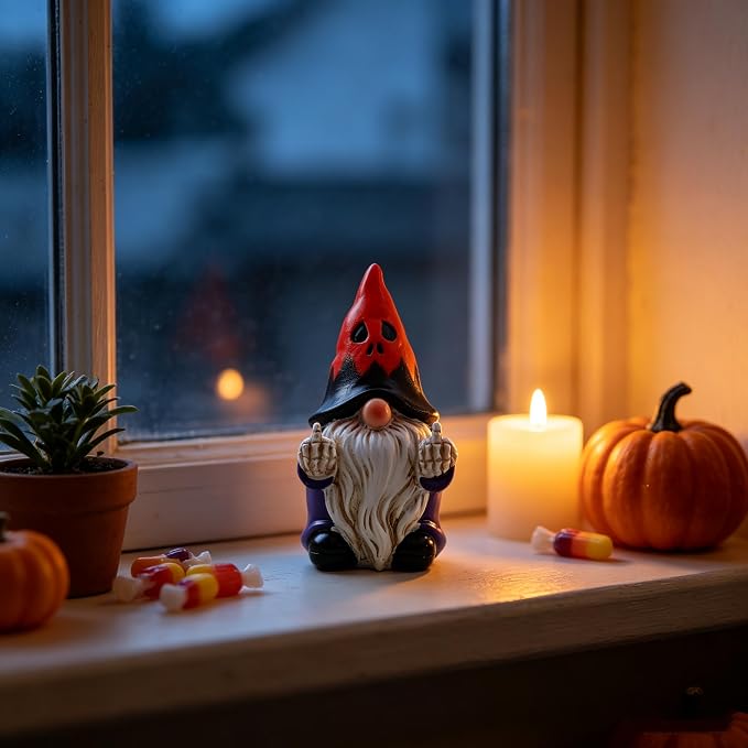 Halloween Middle Finger Gnome Statue with Skeleton Hands - Spooky Ghost Face Hat Resin Figurine 3.5in, Weather Resistant Indoor Outdoor Decor for Patio Yard Halloween Party, Novelty Edgy Gift