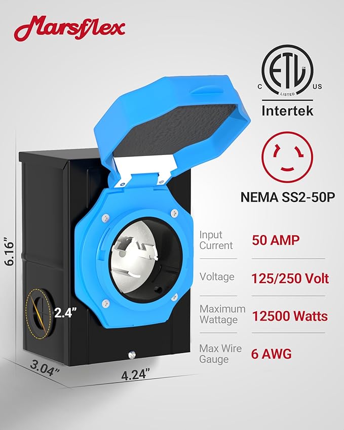 Marsflex 50 Amp Generator Inlet Box, Pre-Drilling NEMA SS2-50P Power Inlet Box for 125/250 Volt, 12500 Watts Generator Power Inlet Box, Weatherproof Outdoor Use with LED Power Indicator, ETL Listed