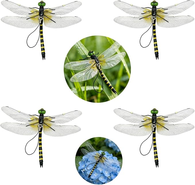 Dragon Fly Clips,4PCS Lifelike Fake Dragonflies Outdoor Hanging Ornament & Garden Decor,Clip to Hat Backpack Tent Outdoor Gear for Hiking Gardening Camping,Durable PVC Hanging Use