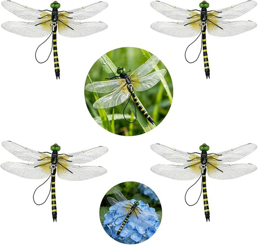 Dragon Fly Clips,4PCS Lifelike Fake Dragonflies Outdoor Hanging Ornament & Garden Decor,Clip to Hat Backpack Tent Outdoor Gear for Hiking Gardening Camping,Durable PVC Hanging Use