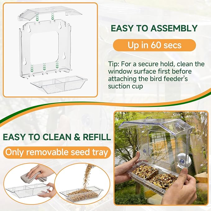 Window Bird Feeder with 4 Extra Strong Suction Cups, Clear Bird Feeder for Outdoor with Dual Seed Tray, Easy to Install & Clean, Durable Wild Birdfeeder Perfect for Garden Home Bird Viewing