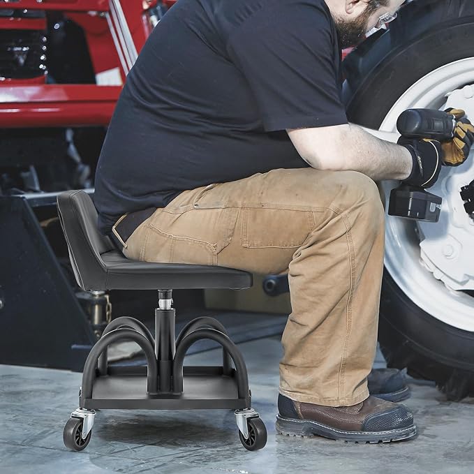 M-AUTO Padded Seat Garage Stool on Wheels, 16”-21” Height Adjustable Swivel Mechanics Seat with Tool Tray Storage for Garage and Garden, 300lbs Capacity