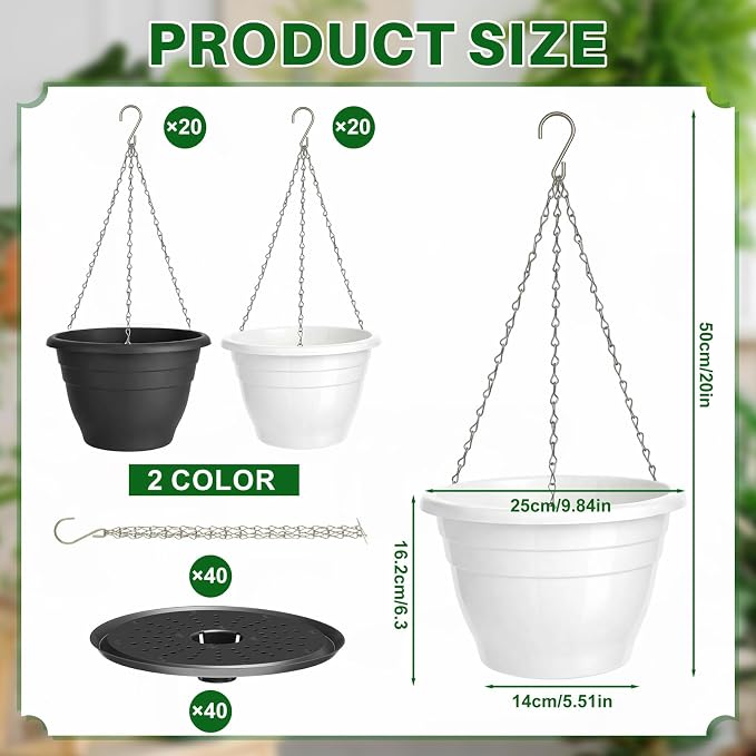 40 Pcs 10 Inch Plastic Self Watering Hanging Planters Bulk Hanging Baskets for Plants Indoor Outdoor with Drainage Holes and Chain Plant Pot for Garden, Balcony, Porch, Patio Decor
