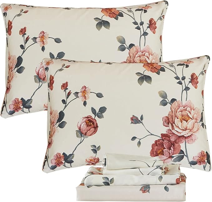 FADFAY Sheets Set King Shabby Beige Floral Bedding Elegant Peony Sheets Set Vintage Flower Bedding Collections Soft 100% Egyptian Cotton 800 Thread Count Deep Pocket Fitted Sheet, 4Pcs-King Size