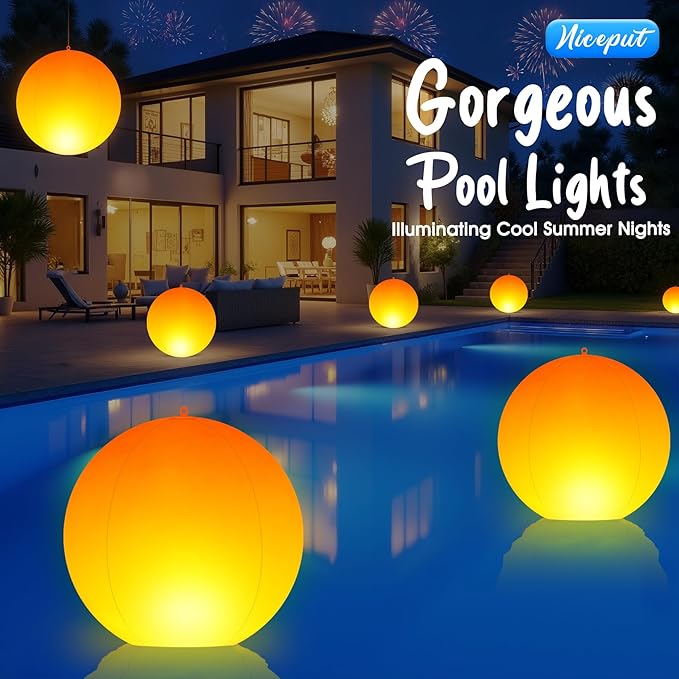 Solar Floating Pool Lights, 14 Inch Flame Solar Pool Light Balls, Floating Glow Globe IP68 Waterproof, Inflatable Solar Lights up Balls for Swimming Pool Pond Outdoor Decor -1PC