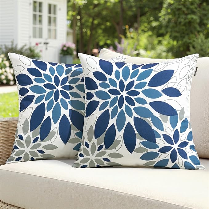 Floral Outdoor Pillow Covers Waterproof Spring Throw Pillow Cases Dark Blue Grey 16x16 Inch Set of 2 Decorative Summer Cushion Covers for Patio Furniture Garden Bench Porch Sofa